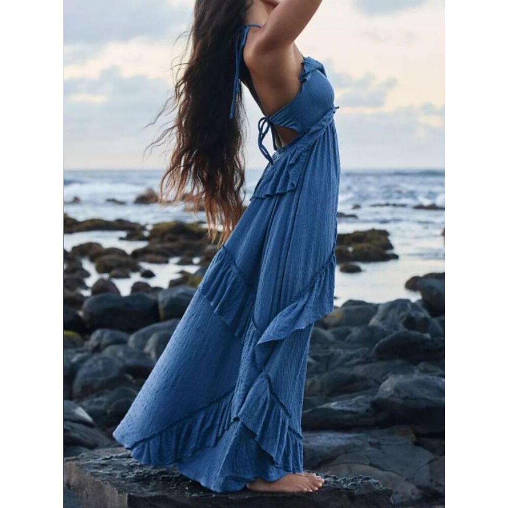 Blue Bohemian Tie-Back Maxi Dress Blue Size S M L XL
